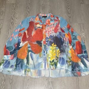 Claire Desjardins Floral Art to Wear Tunic Button Up Shirt Sheer Womens 2XL